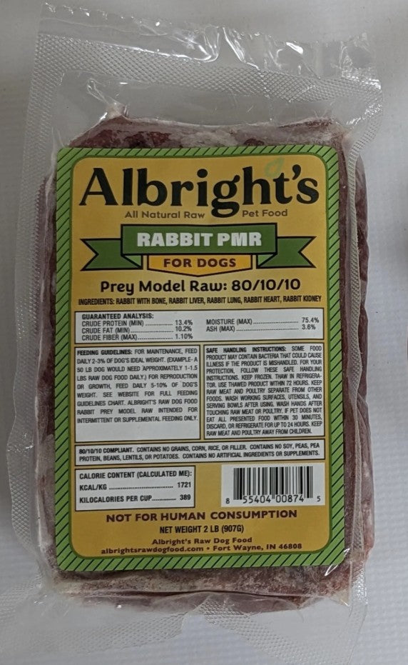Package of Albright's Rabbit PMR pet food for dogs with label on a white background