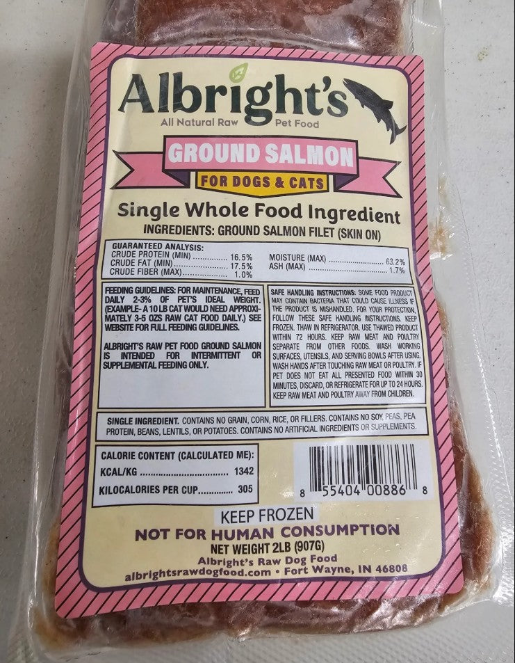 Package of Albright's Ground Salmon pet food for dogs and cats with label on a white background