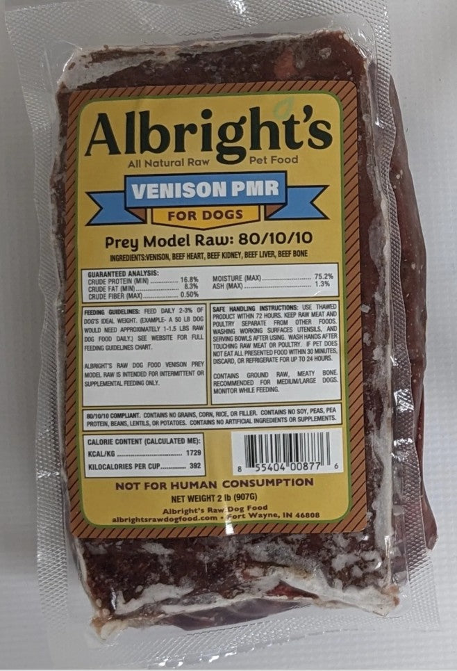Package of Albright's Venison PRM for dogs with a clear background