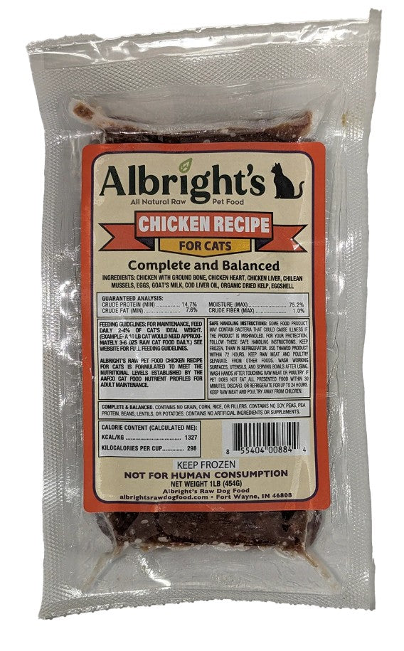 Albright's chicken recipe pet food package for cats with label details.