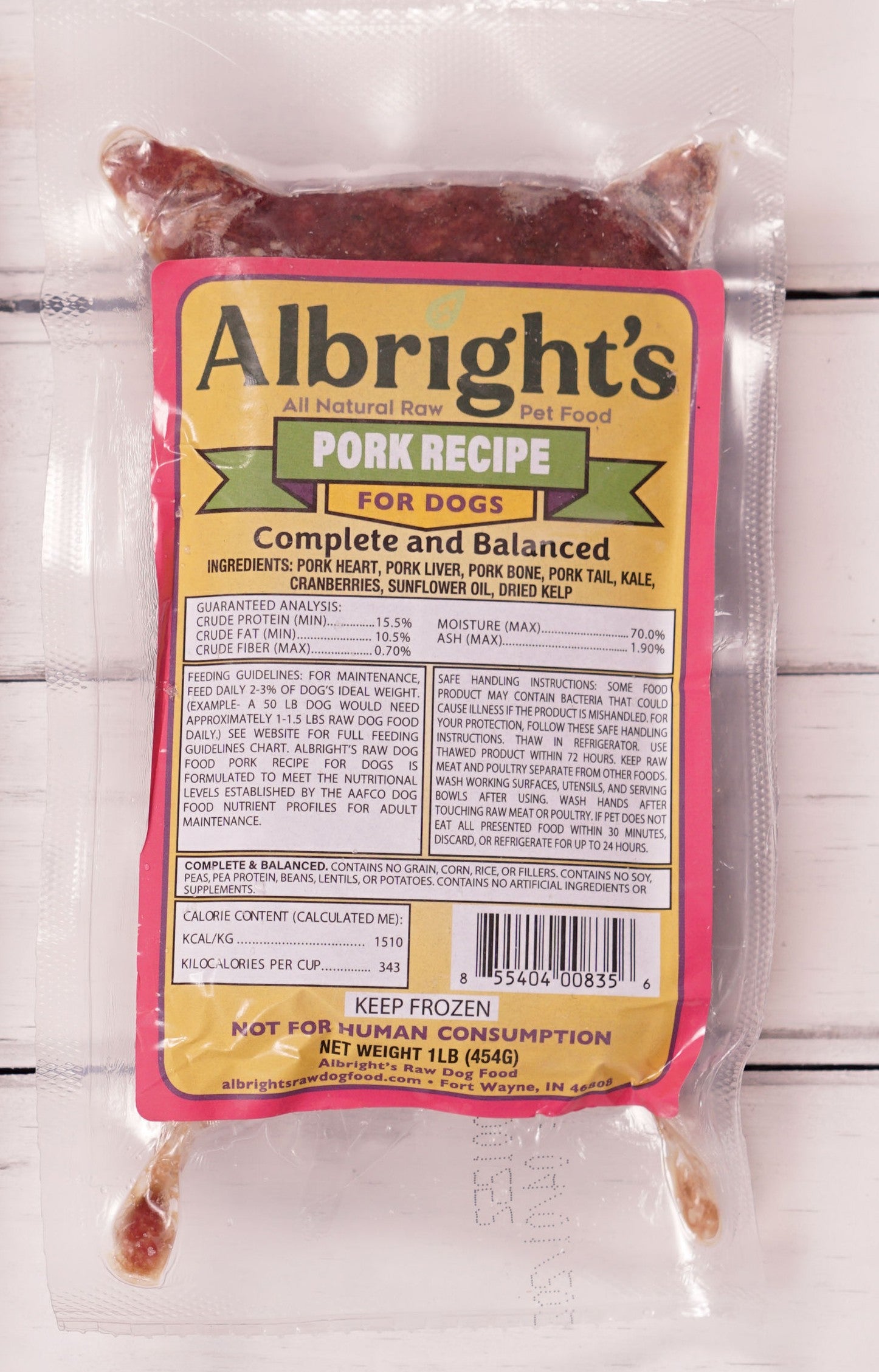 Package of Albright's Pork Recipe dog food on a white background