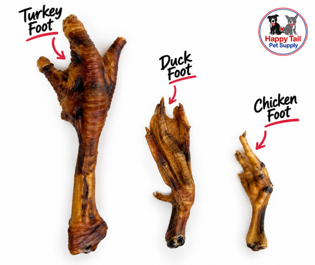 Three dehydrated dog treats shown on a white background, labeled Turkey Foot, Duck Foot, and Chicken Foot, with a Happy Tail Pet Supply logo in the top right.