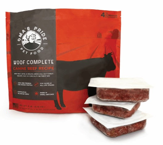 Red and black package of Oma's Pride Pet Food with beef recipe on a white background