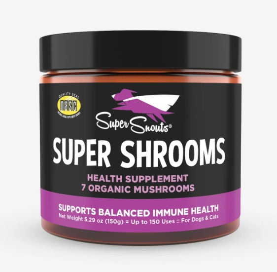 Super Shrooms health supplement jar with black and purple label on a white background